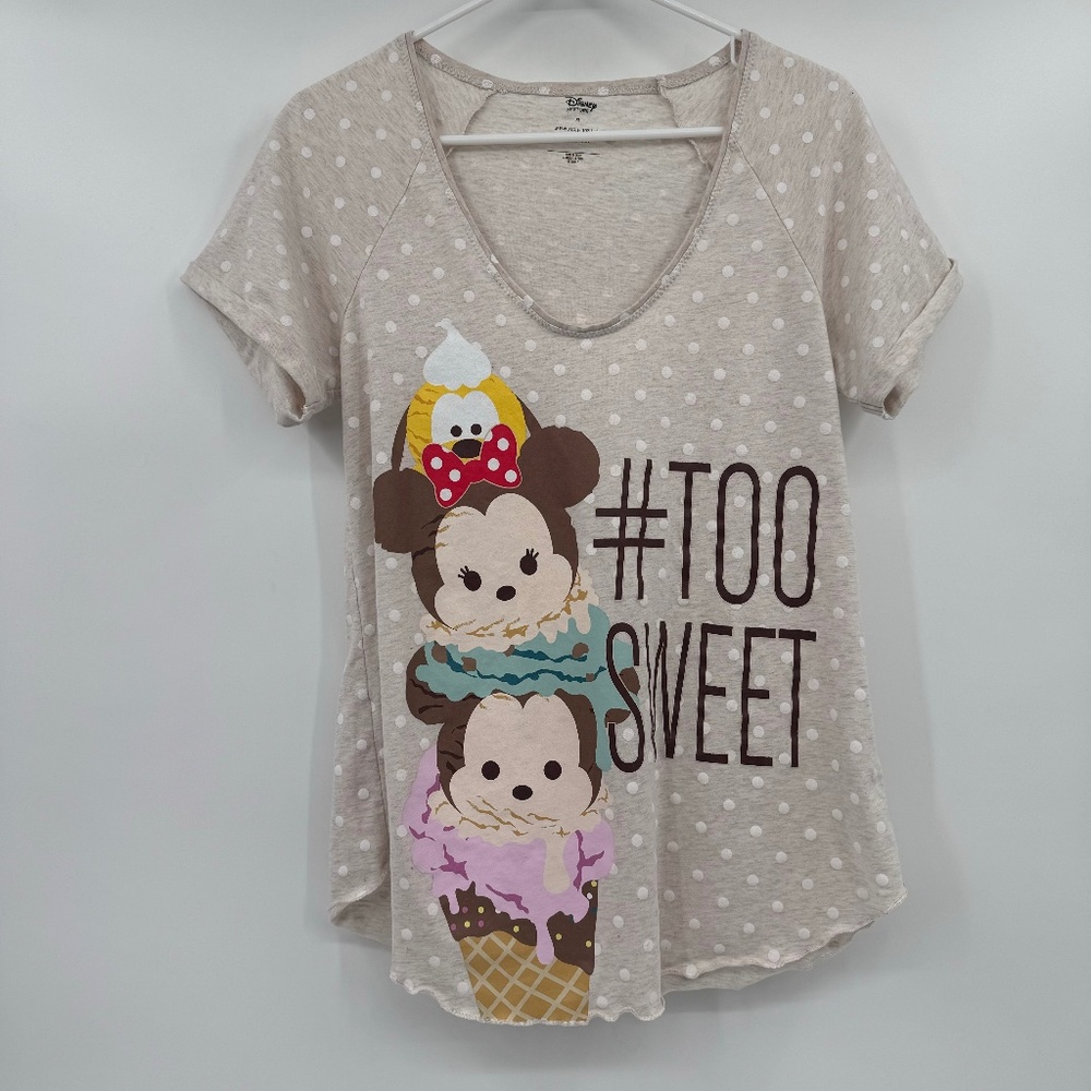 Disney Top Women XL Beige TsumTsum Polka Dot Mickey Minnie Pluto Ice Cream Sweet